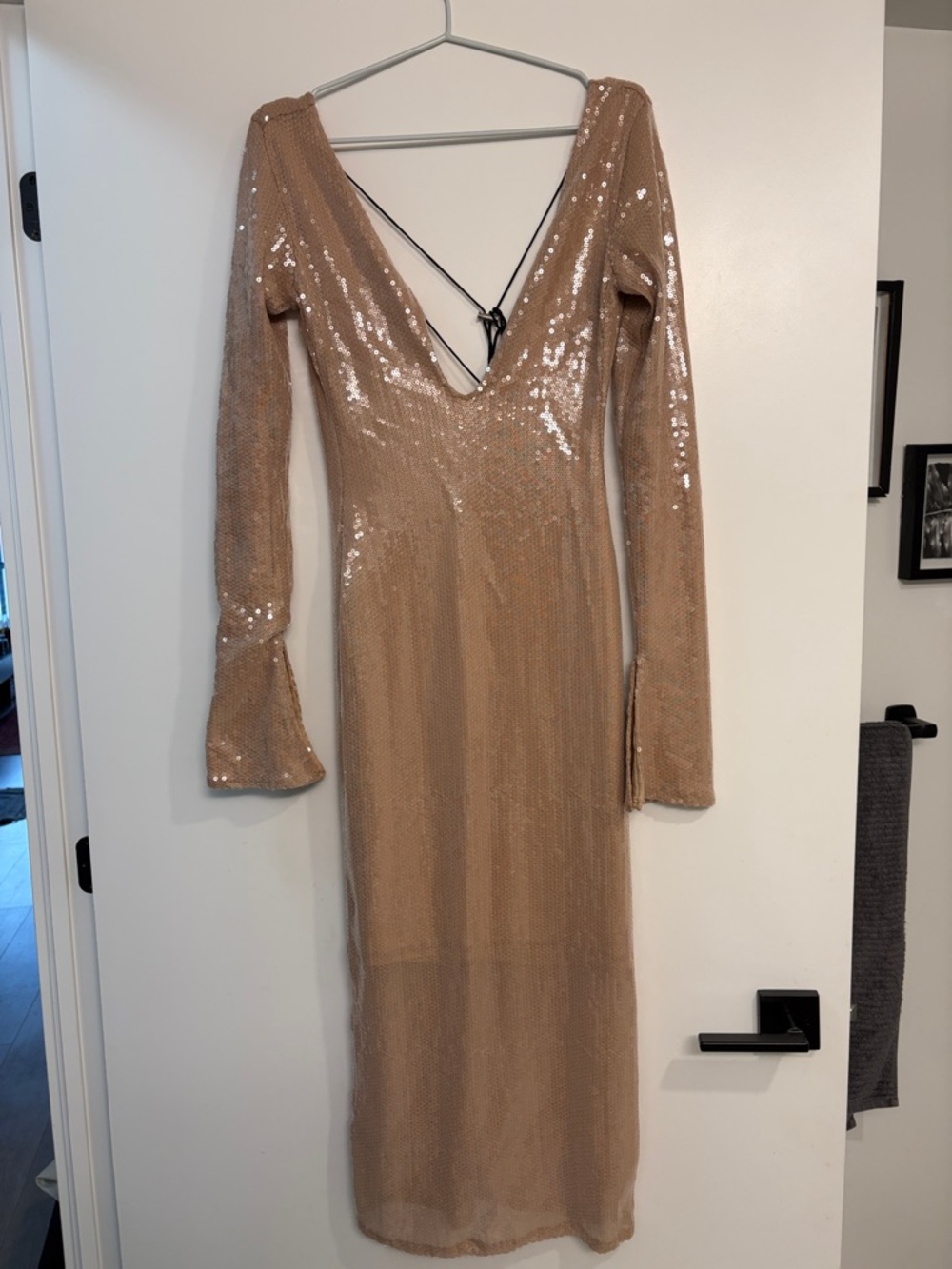 Sequin Deep V Long Sleeve Bodycon Dress - Nude